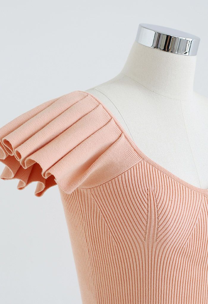 Flutter Sleeve Fitted Ribbed Knit Top in Coral