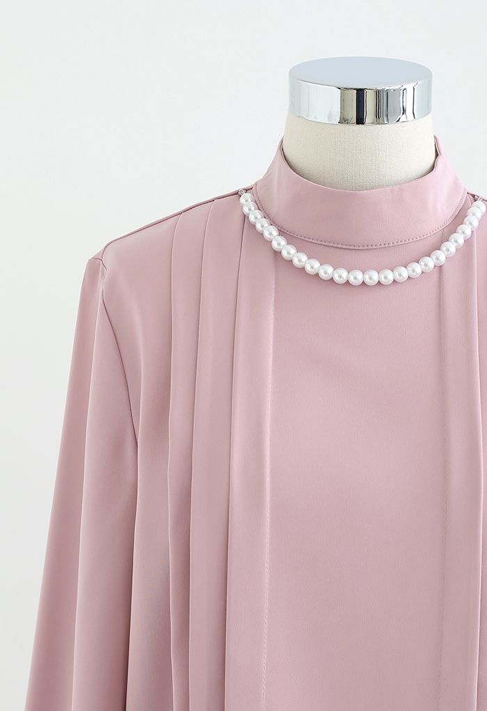 Pearl Necklace Pintucked Shirt in Pink - Retro, Indie and Unique Fashion