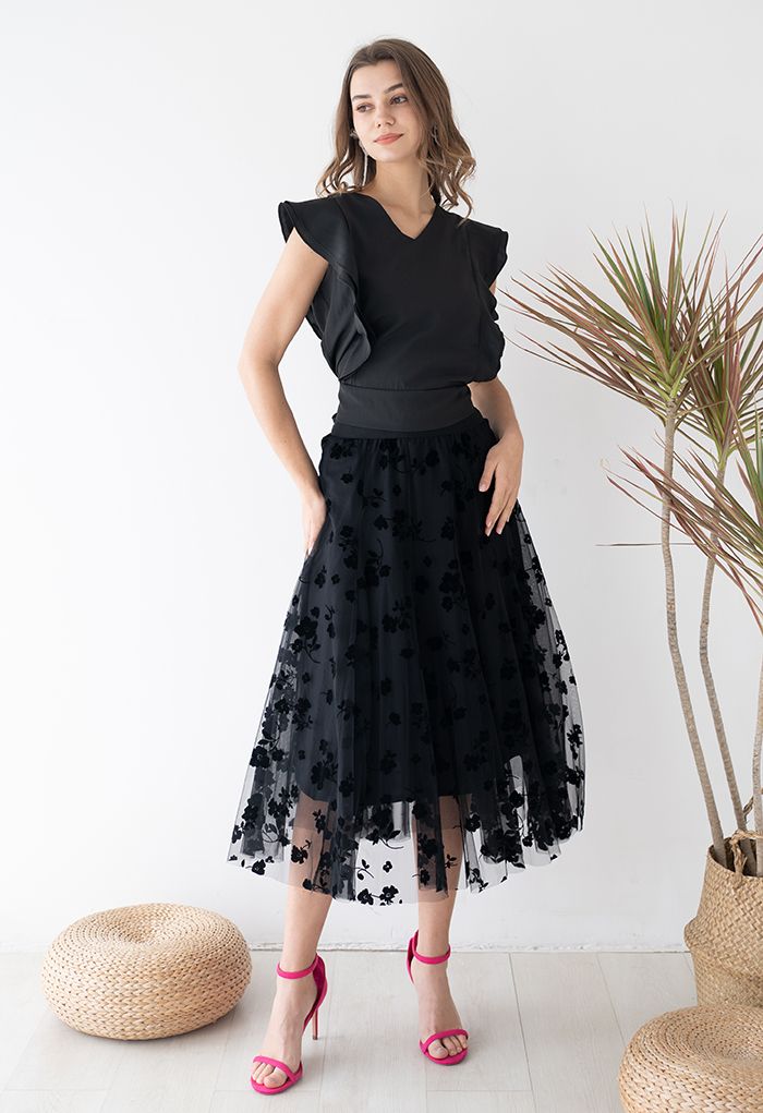 3D Posy Double-Layered Mesh Midi Skirt in Black - Retro, Indie and