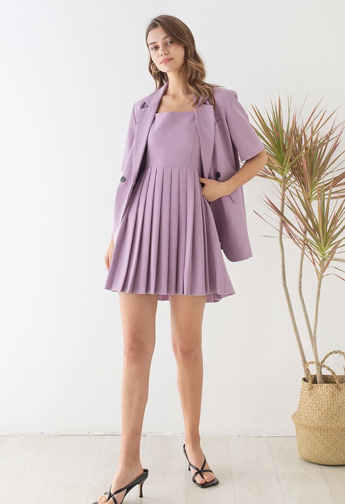 Glossy Pleated Hem Cami Dress in Lilac