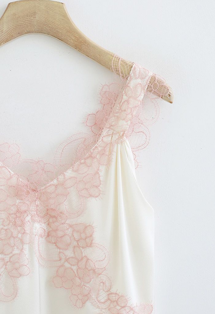 Floral Lace Satin Tank Top in Cream