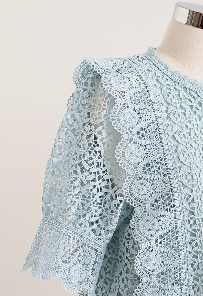 Floret Cutwork Scalloped Edge Crochet Top in Blue - Retro, Indie and ...