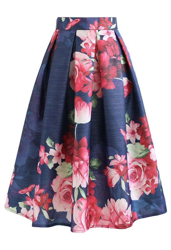 Blushing Peony Pleated Jacquard A-Line Skirt in Navy - Retro, Indie and ...