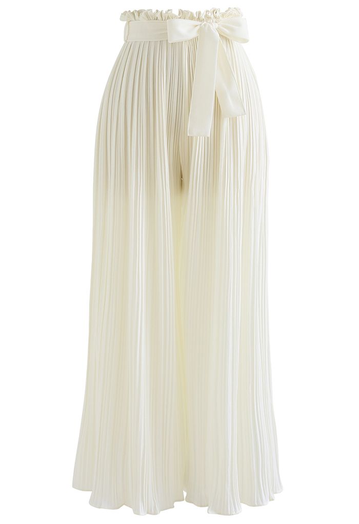 Tie Waist Pleated Wide-Leg Pants in Ivory - Retro, Indie and Unique Fashion