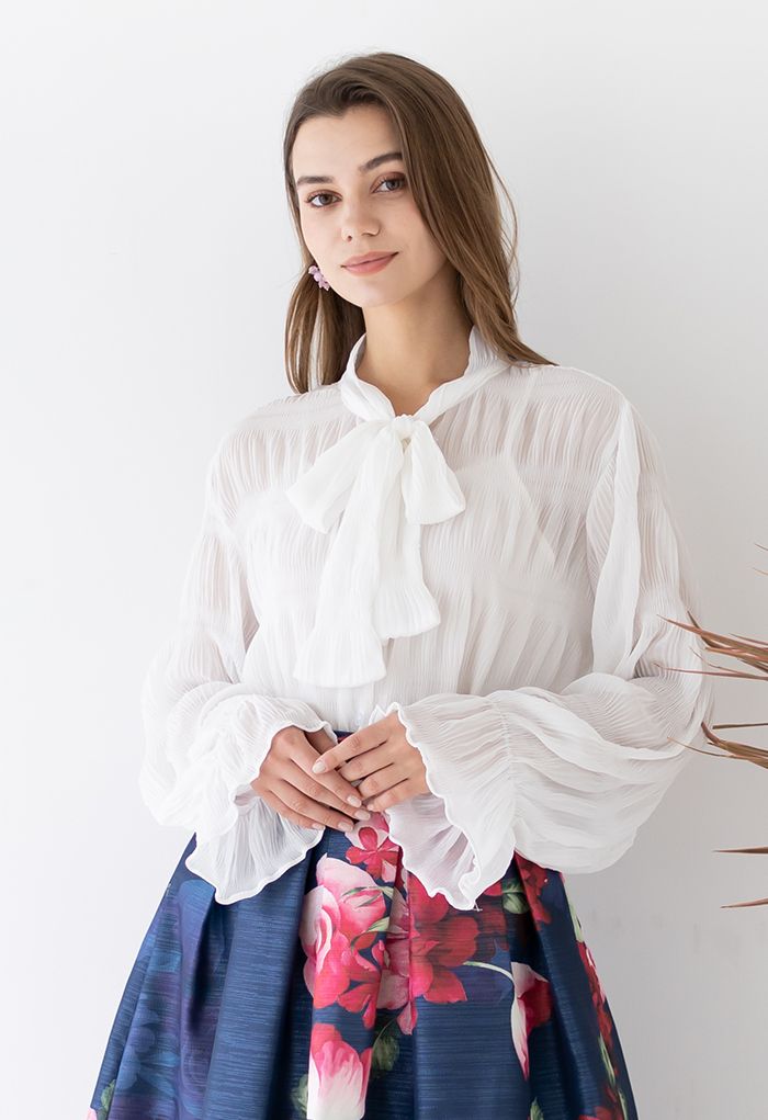 Bowknot Neck Shirred Semi-Sheer Shirt in White - Retro, Indie and ...