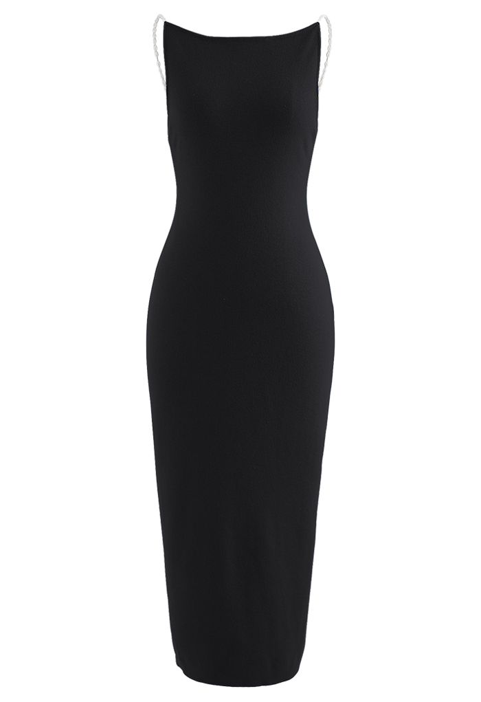 Oval Pearl Straps Bodycon Knit Midi Dress in Black