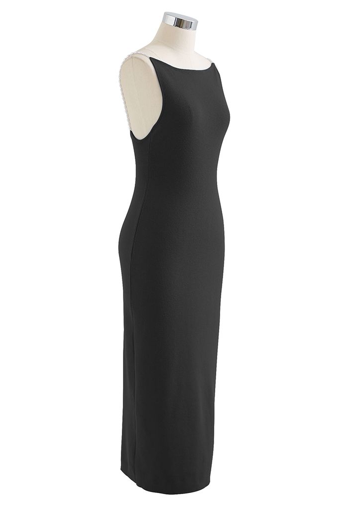 Oval Pearl Straps Bodycon Knit Midi Dress in Black