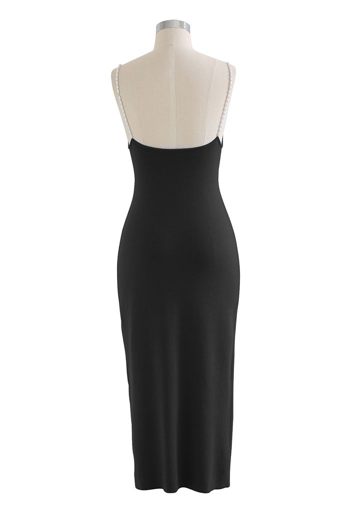 Oval Pearl Straps Bodycon Knit Midi Dress in Black