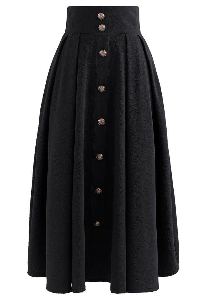 High Waist Button Down Textured Midi Skirt in Black