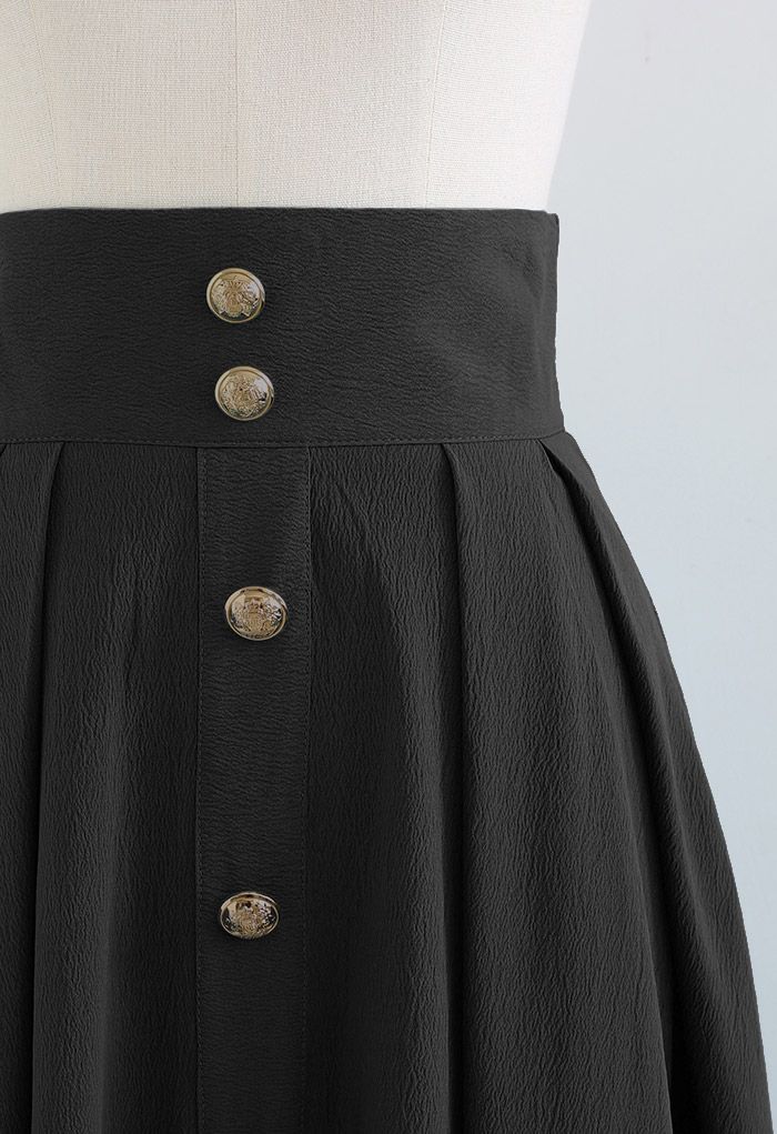 High Waist Button Down Textured Midi Skirt in Black