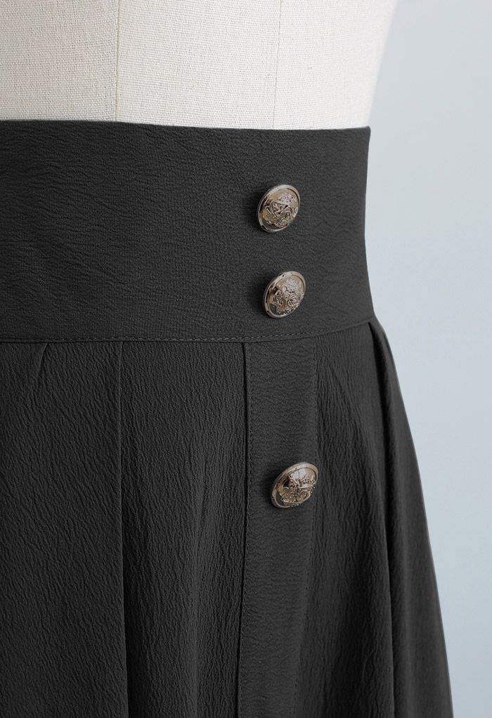 High Waist Button Down Textured Midi Skirt in Black