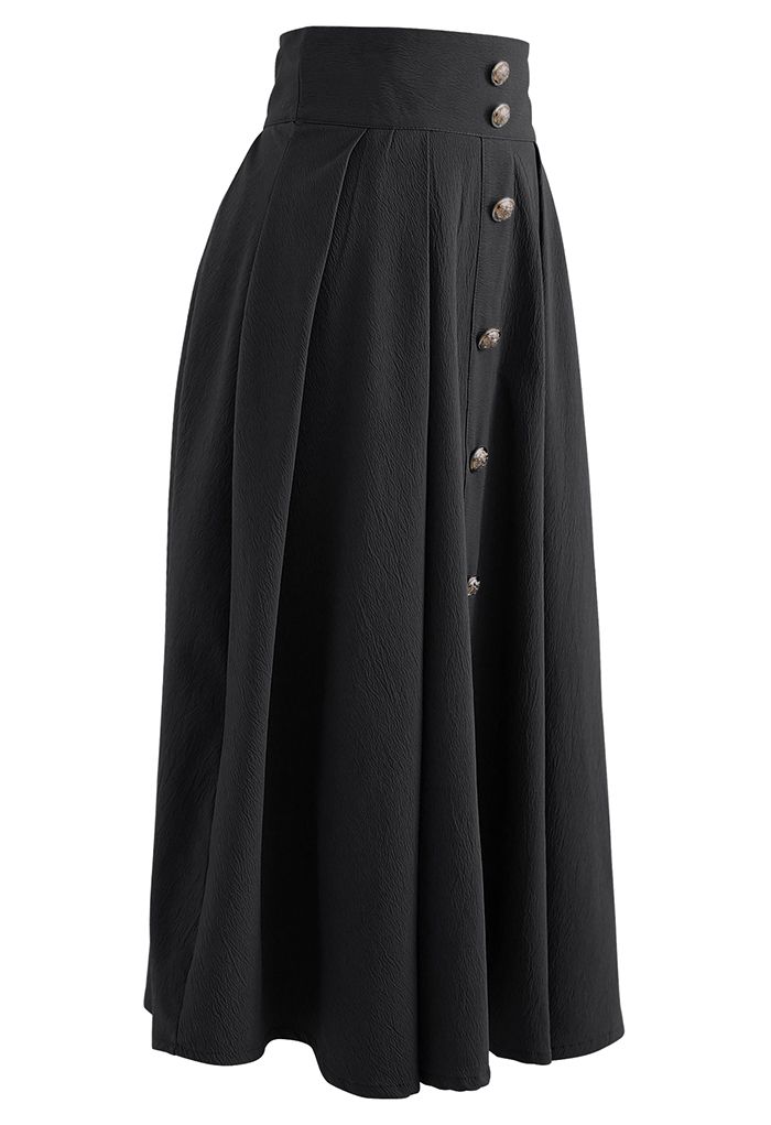 High Waist Button Down Textured Midi Skirt in Black