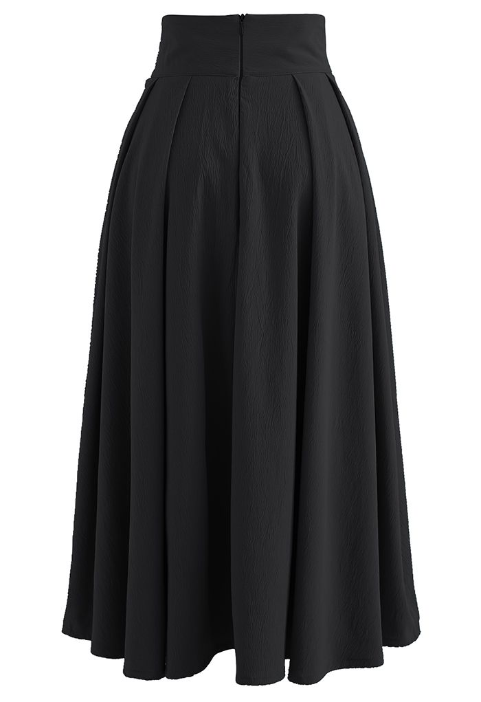 High Waist Button Down Textured Midi Skirt in Black