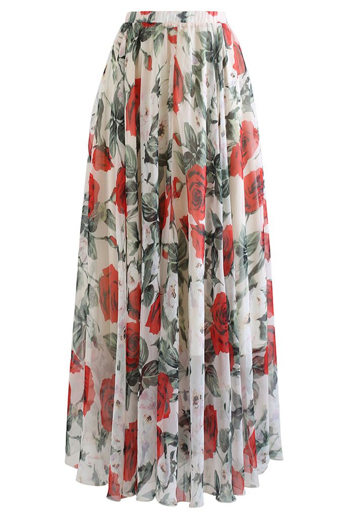 Stunning Red Rose Maxi Skirt