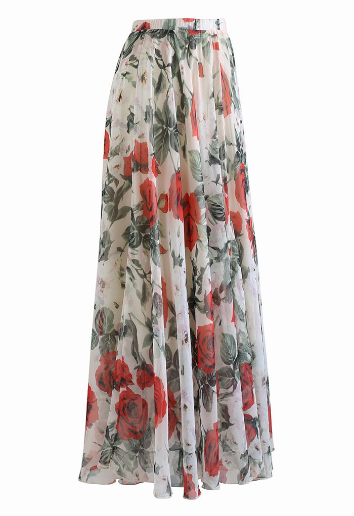 Stunning Red Rose Maxi Skirt