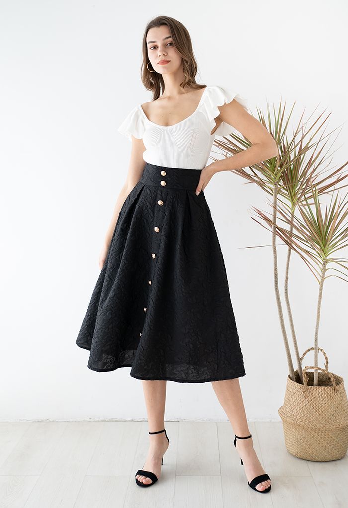 High Waist Button Down Embossed Midi Skirt in Black - Retro, Indie and ...
