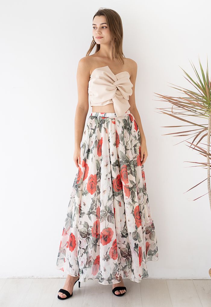 Stunning Red Rose Maxi Skirt - Retro, Indie and Unique Fashion