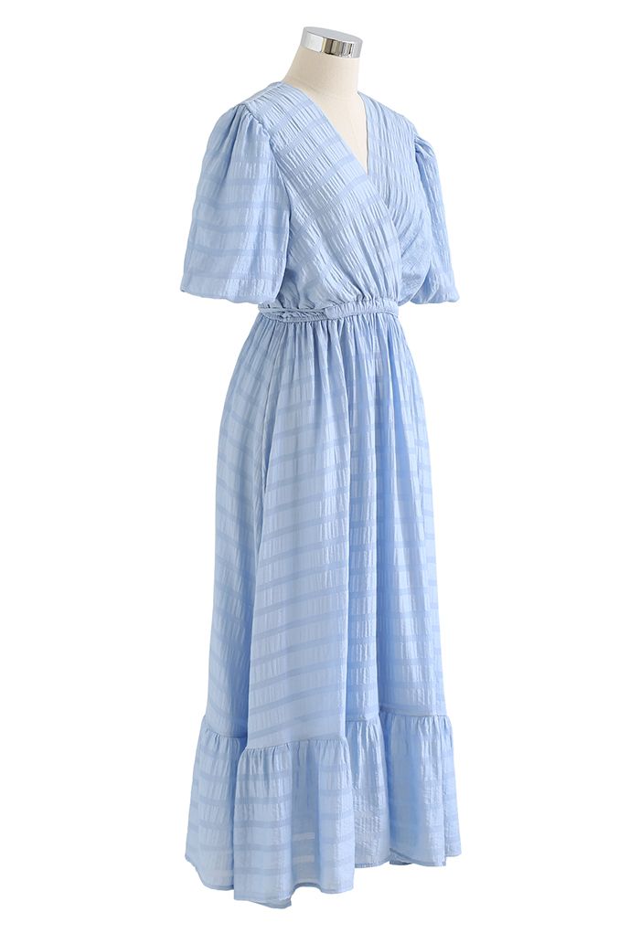 Check Pattern Belted Wrap Dress in Blue