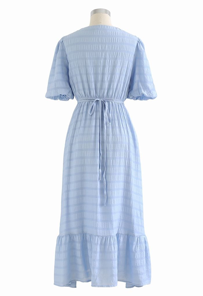 Check Pattern Belted Wrap Dress in Blue