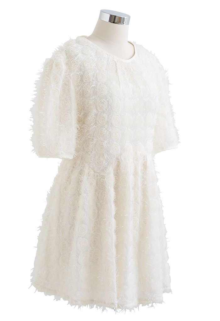 Mesh Rose Tie-Waist Fringed Tunic in Cream