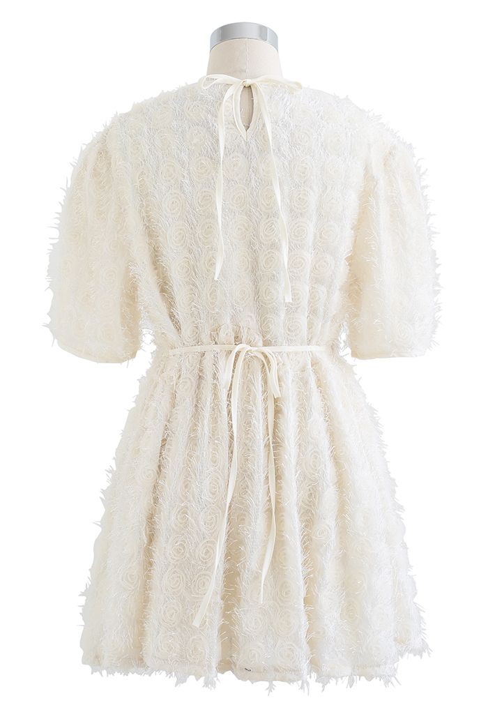 Mesh Rose Tie-Waist Fringed Tunic in Cream