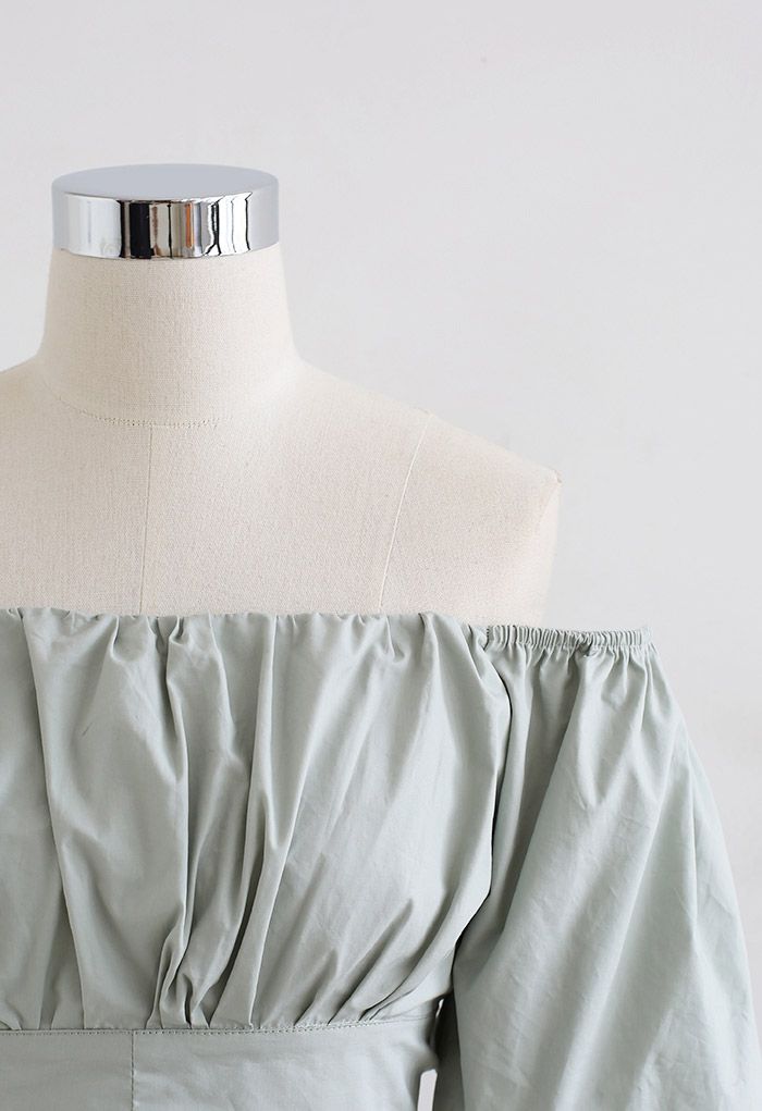 Off-Shoulder Bowknot Crop Top and Flare Skirt Set in Pea Green