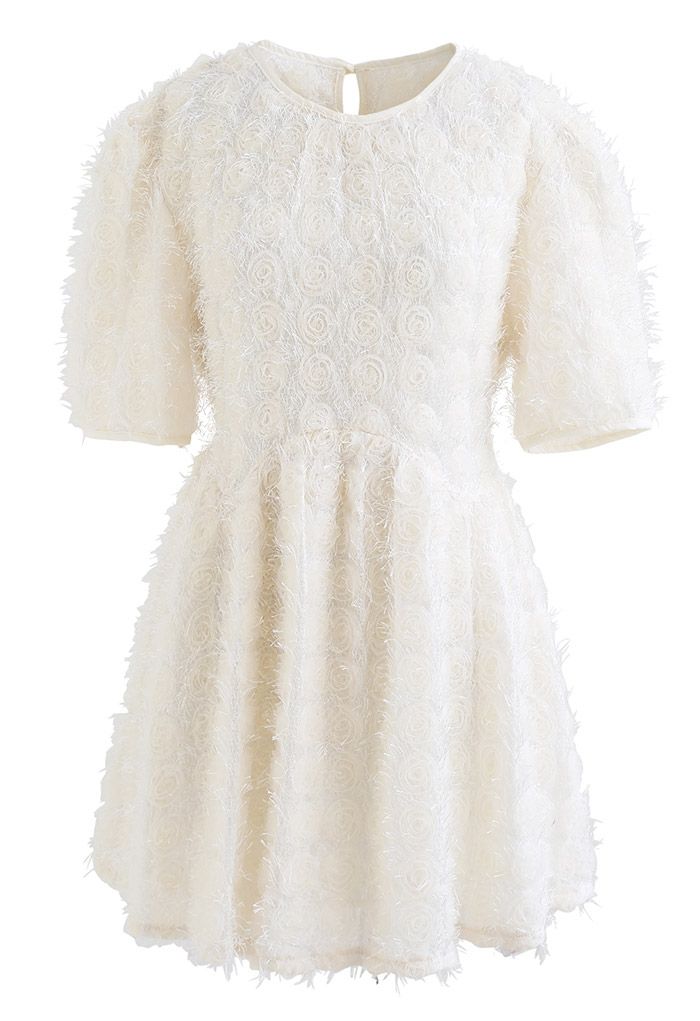 Mesh Rose Tie-Waist Fringed Tunic in Cream