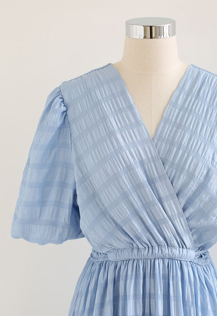 Check Pattern Belted Wrap Dress in Blue