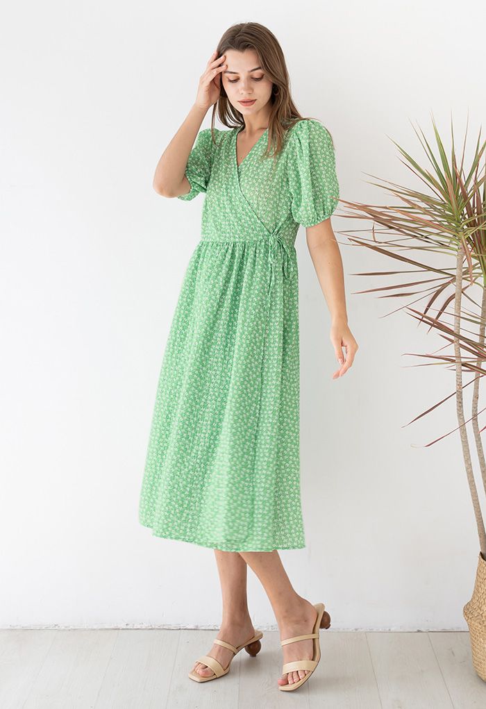 Enthralling Floret Embossed Wrap Midi Dress in Green - Retro, Indie and ...