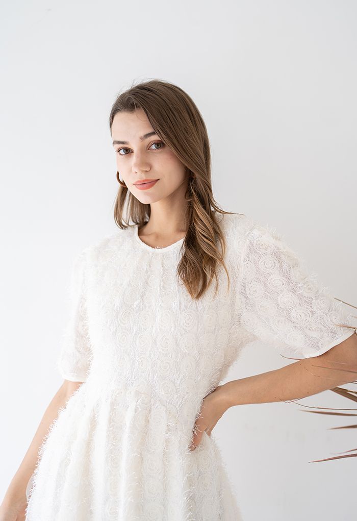 Mesh Rose Tie-Waist Fringed Tunic in Cream