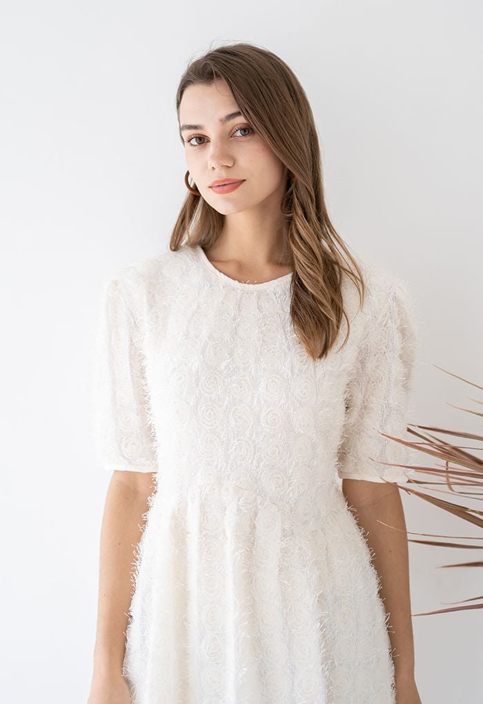 Mesh Rose Tie-Waist Fringed Tunic in Cream