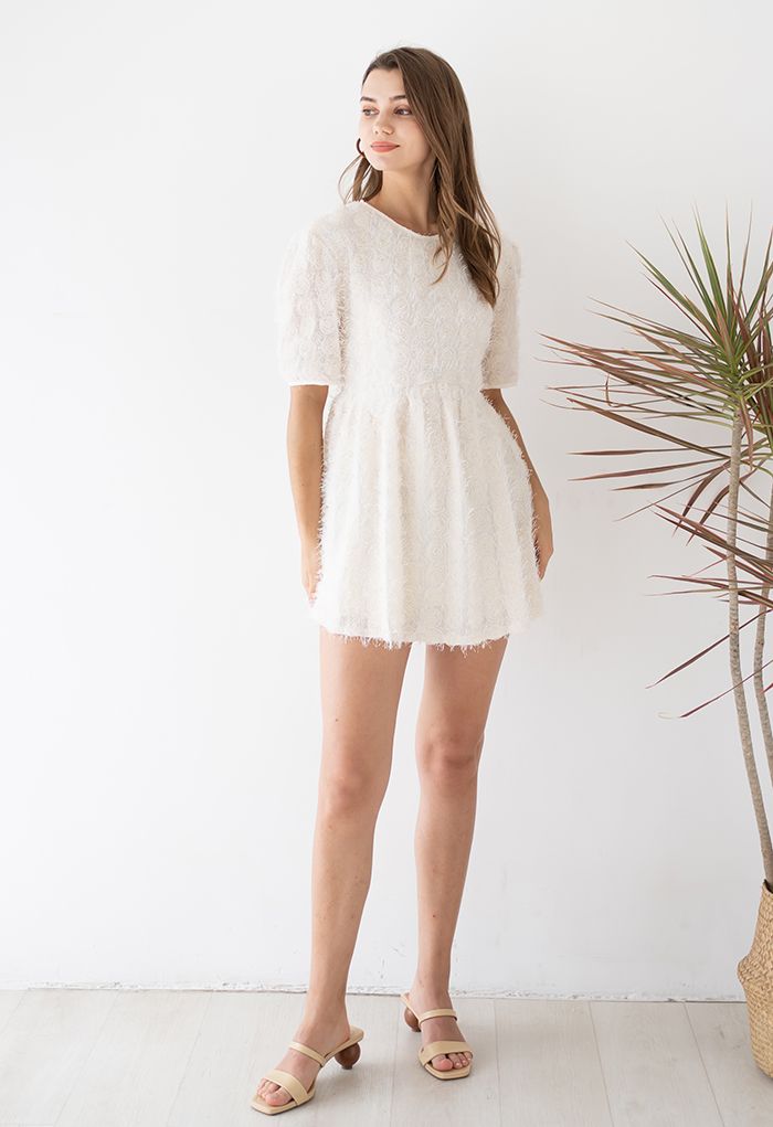 Mesh Rose Tie-Waist Fringed Tunic in Cream