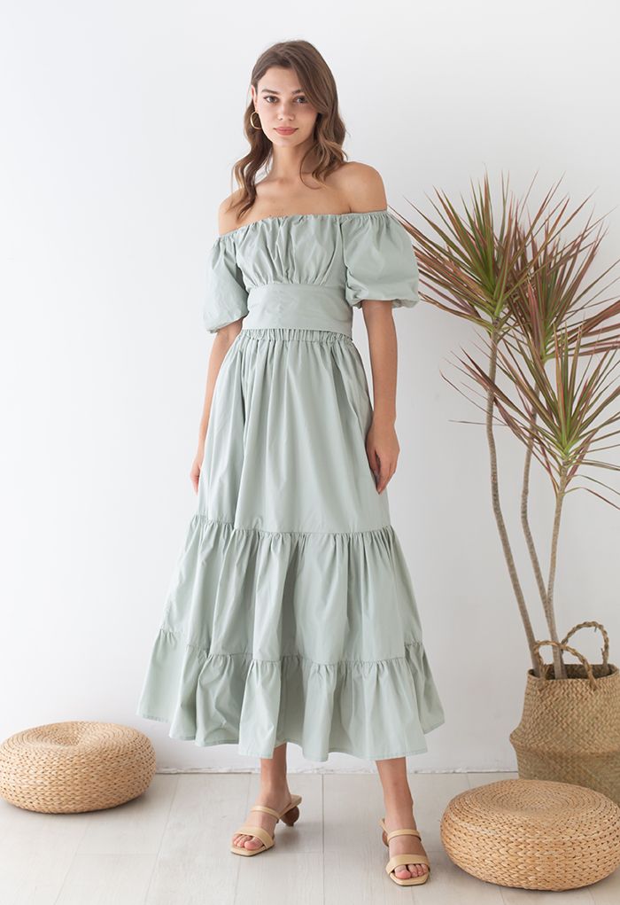 Off-Shoulder Bowknot Crop Top and Flare Skirt Set in Pea Green