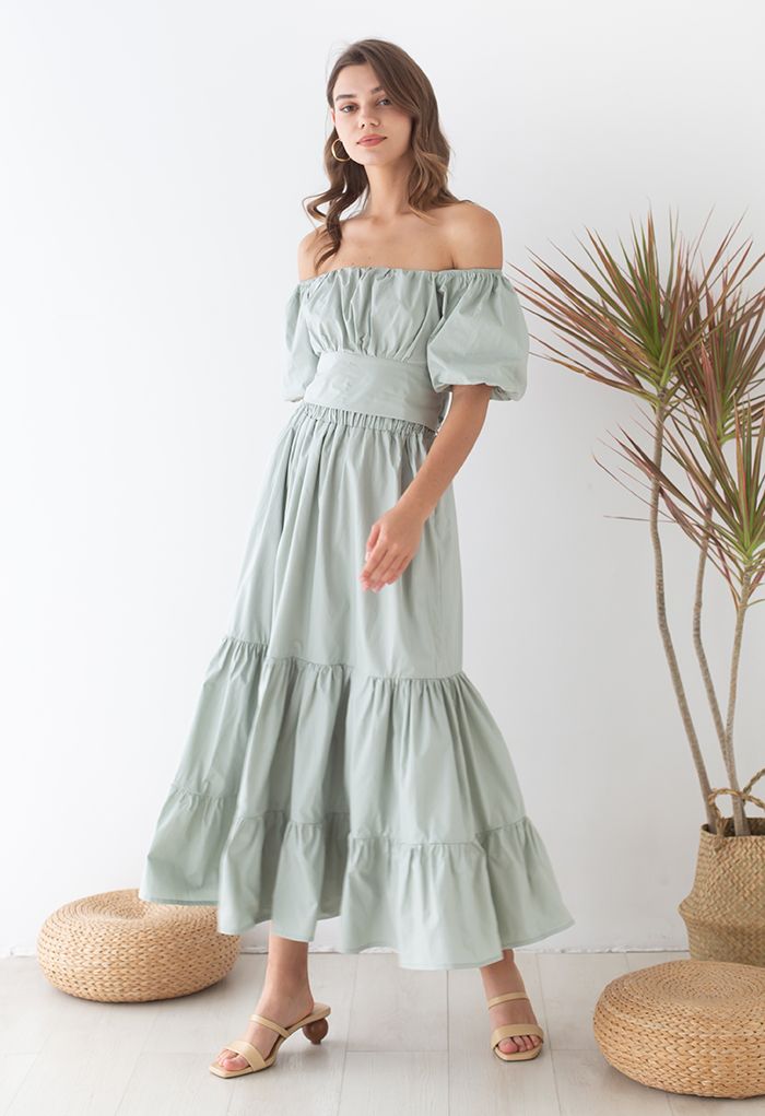 Off-Shoulder Bowknot Crop Top and Flare Skirt Set in Pea Green