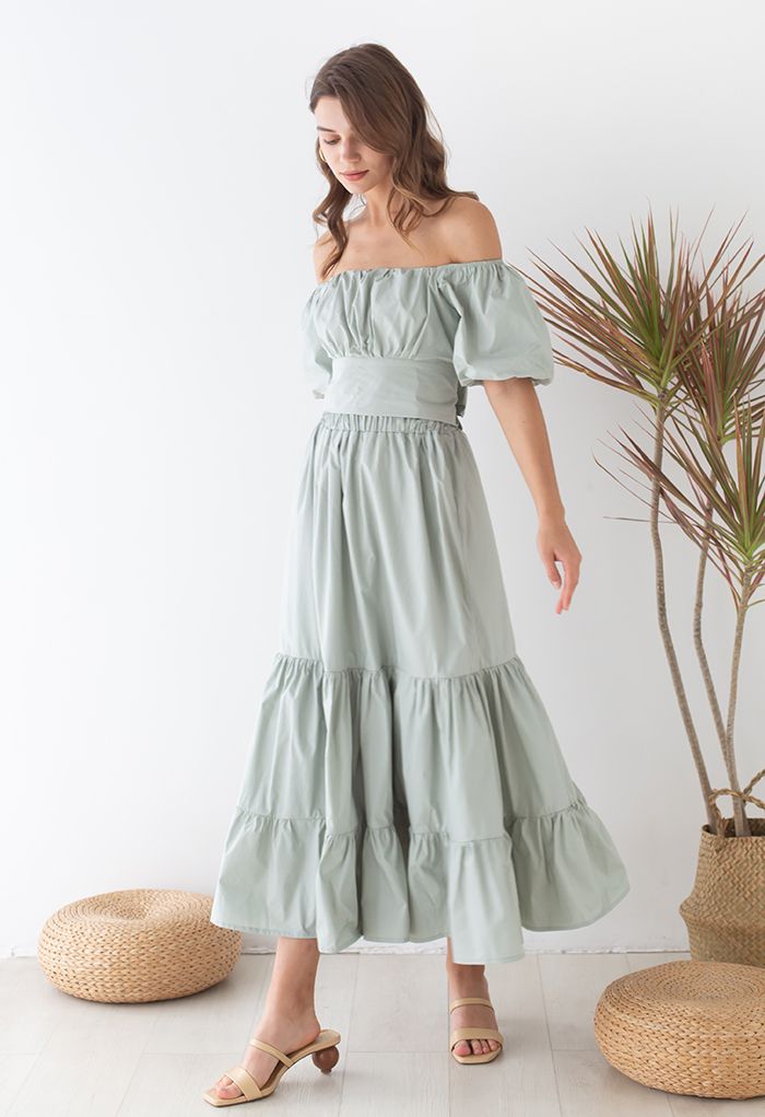 Off-Shoulder Bowknot Crop Top and Flare Skirt Set in Pea Green