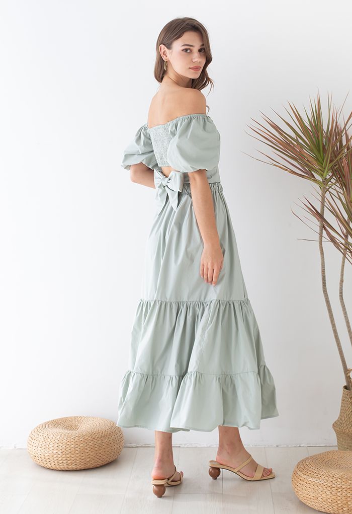 Off-Shoulder Bowknot Crop Top and Flare Skirt Set in Pea Green