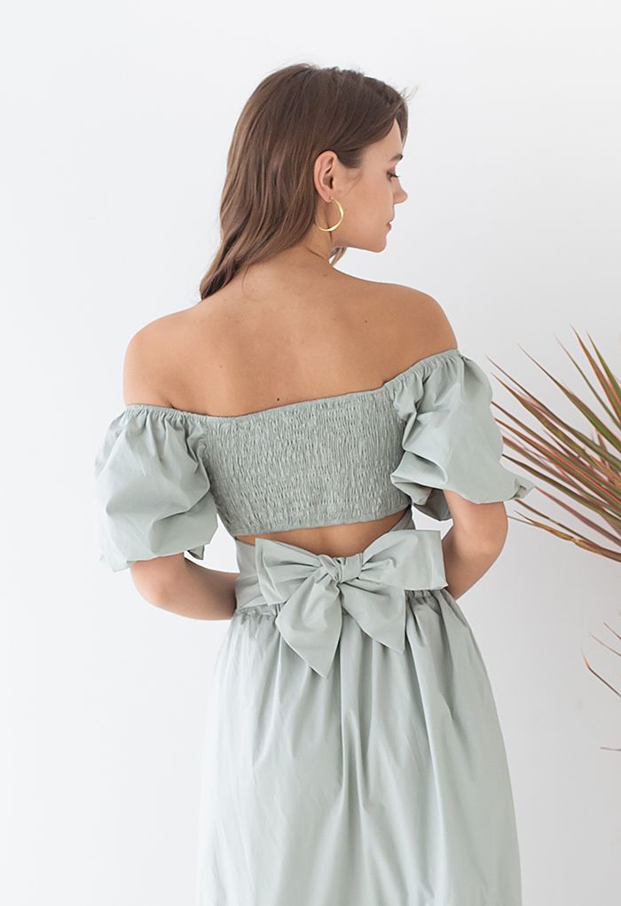 Off-Shoulder Bowknot Crop Top and Flare Skirt Set in Pea Green