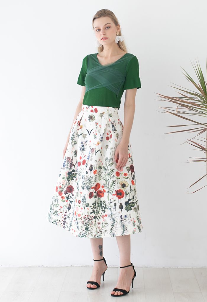 Multi Floral Print Embossed Midi Skirt - Retro, Indie and Unique Fashion