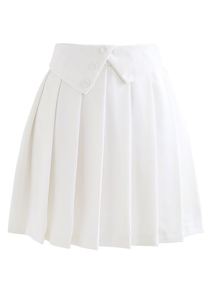 Buttoned Folded Waist Pleated Mini Skirt in White