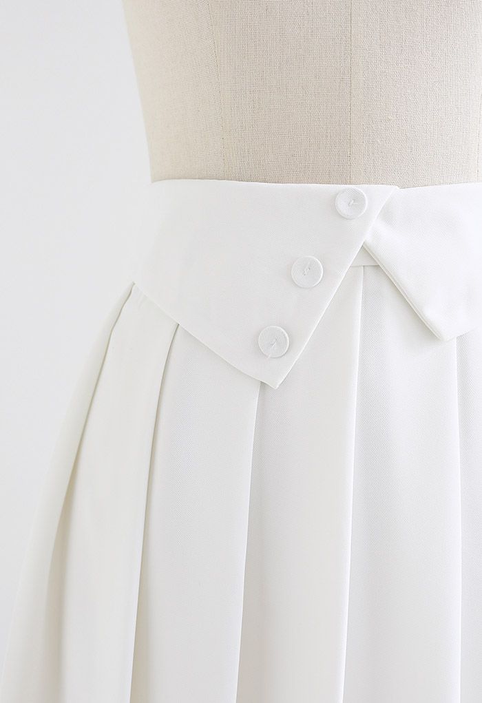 Buttoned Folded Waist Pleated Mini Skirt in White