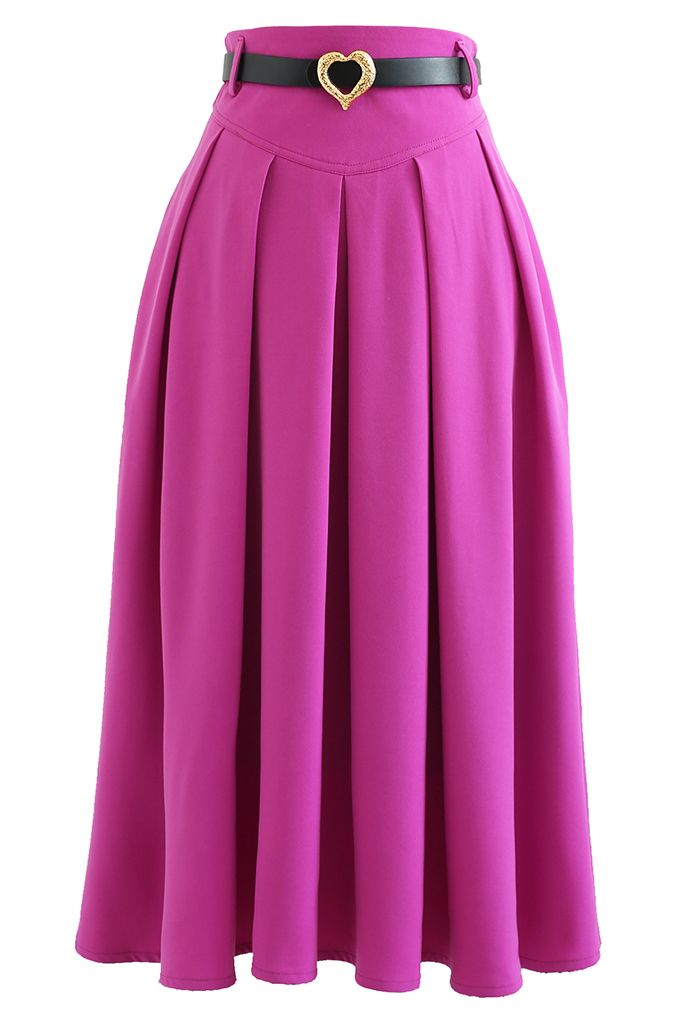 Heart Belt Pleated Pocket Midi Skirt in Magenta