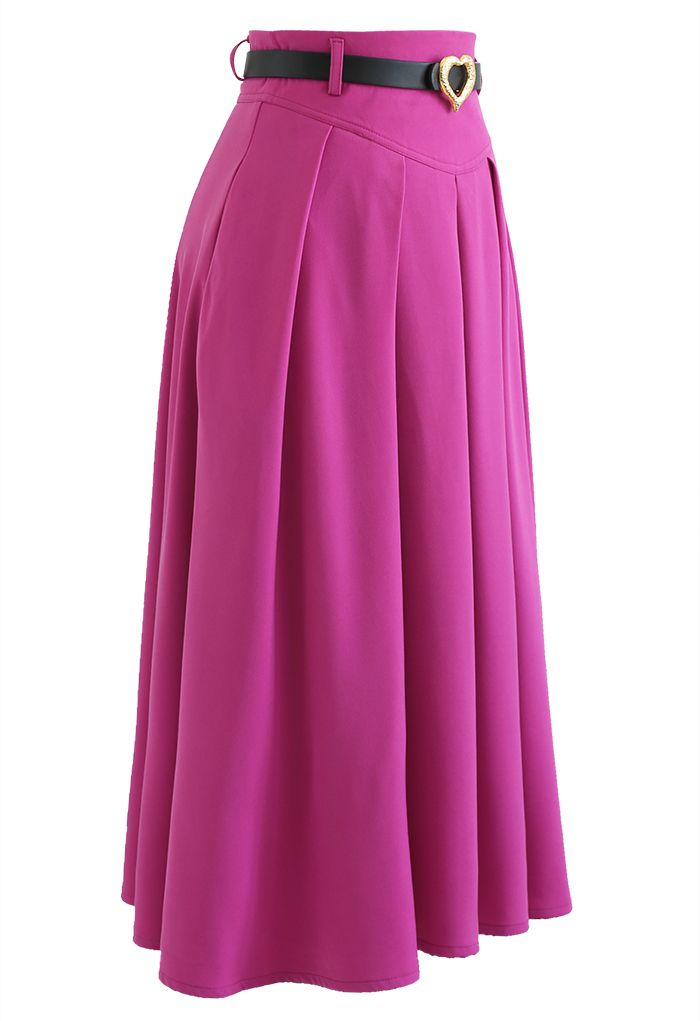 Heart Belt Pleated Pocket Midi Skirt in Magenta