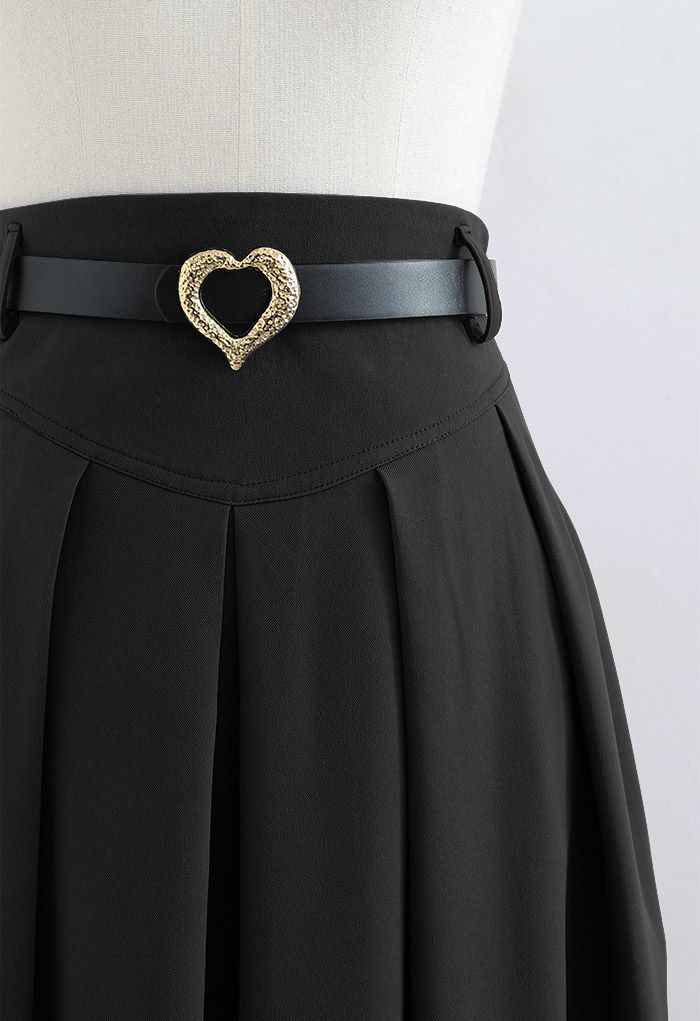 Heart Belt Pleated Pocket Midi Skirt in Black