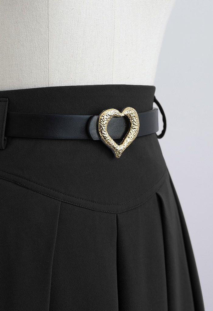 Heart Belt Pleated Pocket Midi Skirt in Black