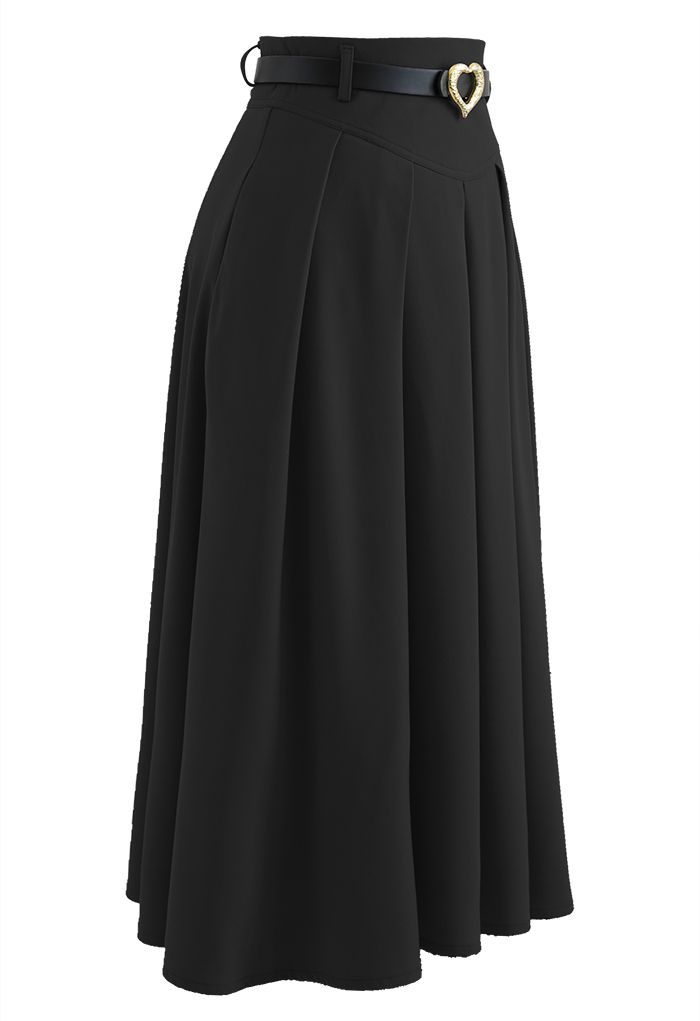 Heart Belt Pleated Pocket Midi Skirt in Black