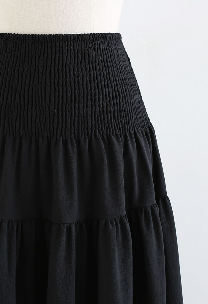 Shirred Waist Textured Black Maxi Skirt - Retro, Indie and Unique Fashion