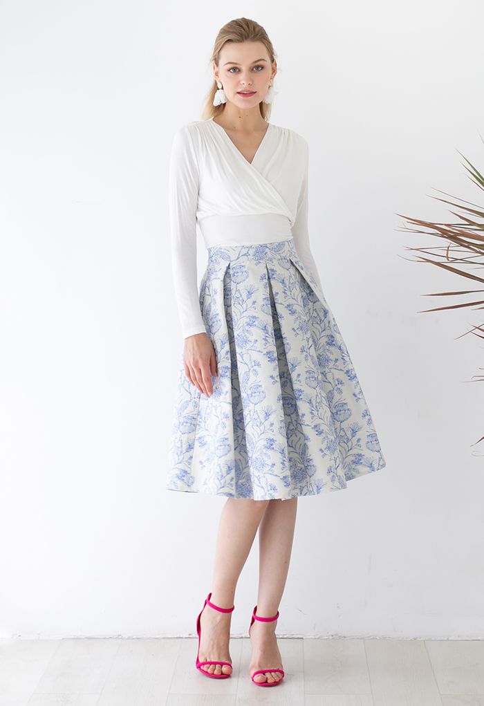 Blossoming Nature Jacquard Pleated Midi Skirt