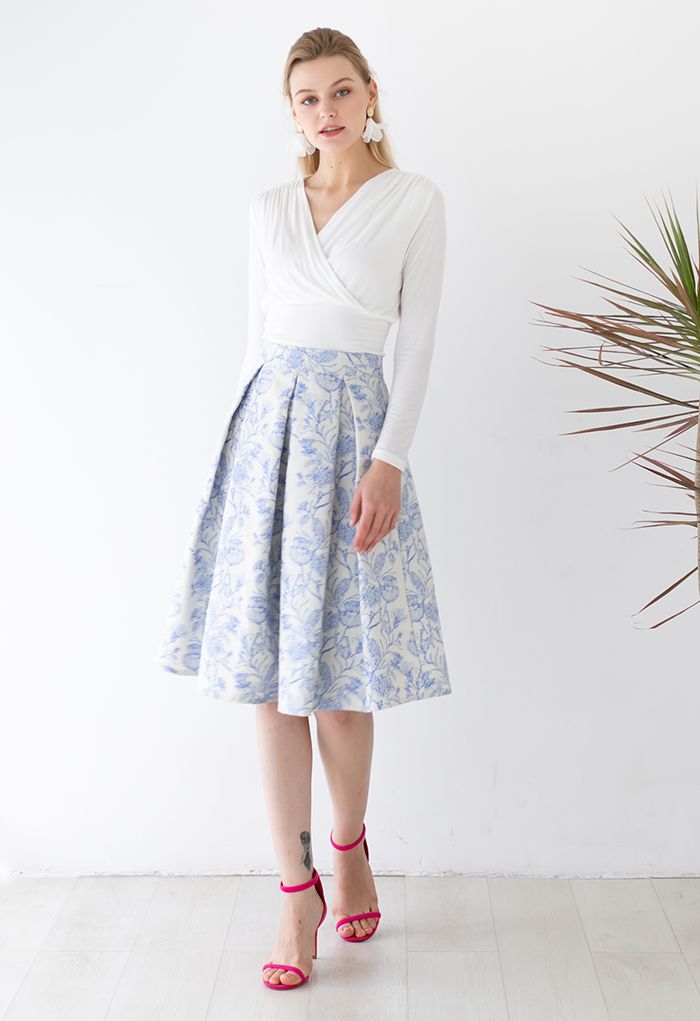 Blossoming Nature Jacquard Pleated Midi Skirt