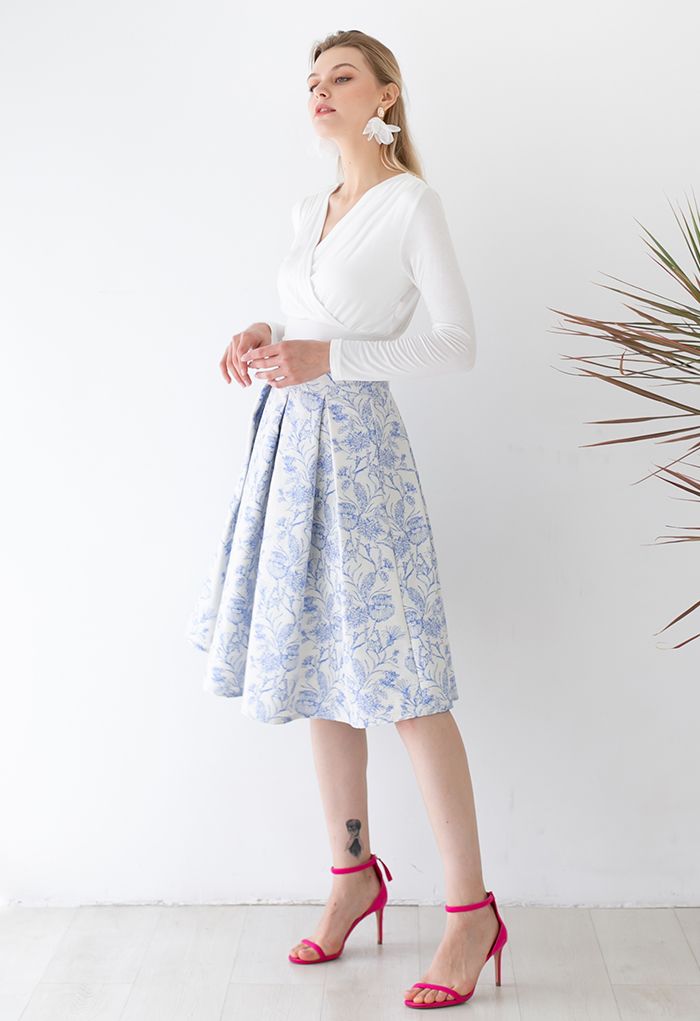 Blossoming Nature Jacquard Pleated Midi Skirt