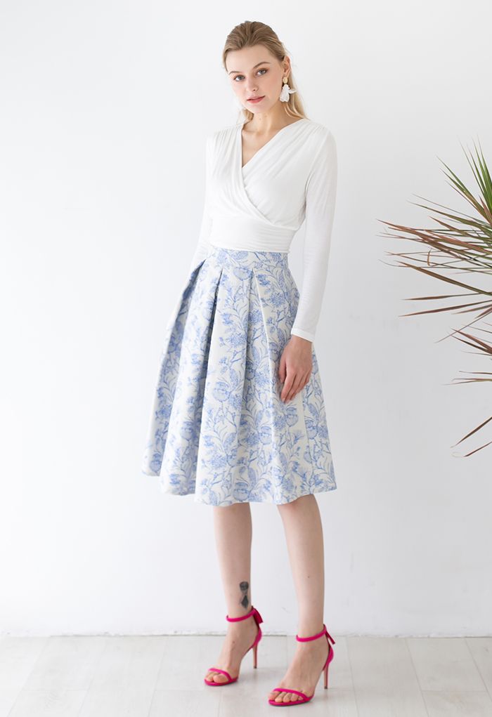 Blossoming Nature Jacquard Pleated Midi Skirt